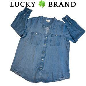 Lucky Brand Chambray Denim Button Front V-Neck Tunic Top Long Sleeved Size M